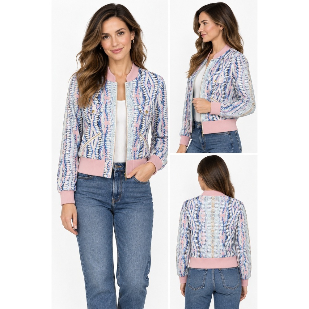 Bebe Pink Blue Geometric Tribal Print Zip Up Bomber Jacket Medium VTG